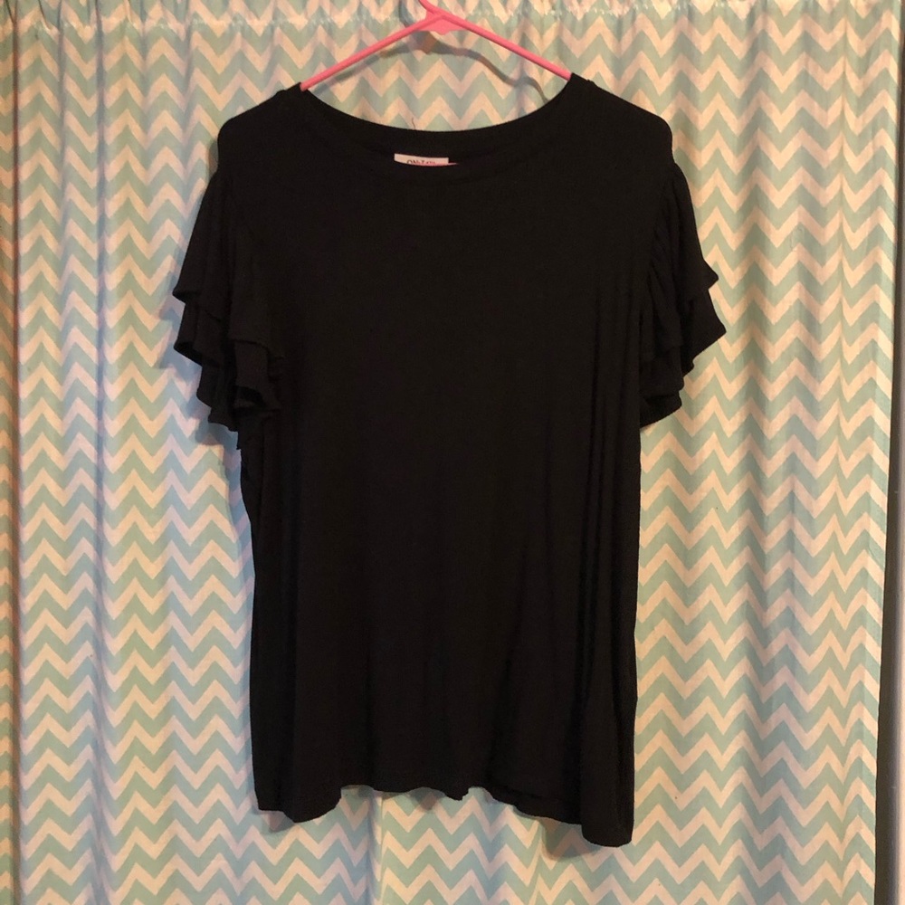 On 34th plus size black double ruffle short sleeve pullover T-shirt top 3X